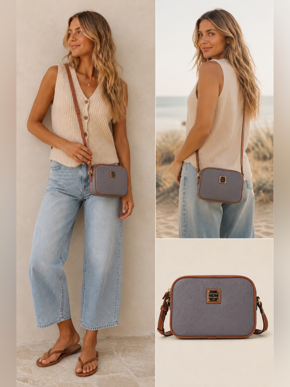 Dooney & Bourke Pebble Leather Camera Crossbody Bag Gray w/ Cognac Trim